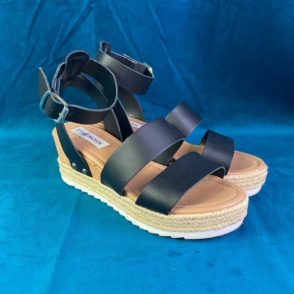 Steve Madden Janica Platform Espadrille Sandal Black/Tan - Picture 4 of 11